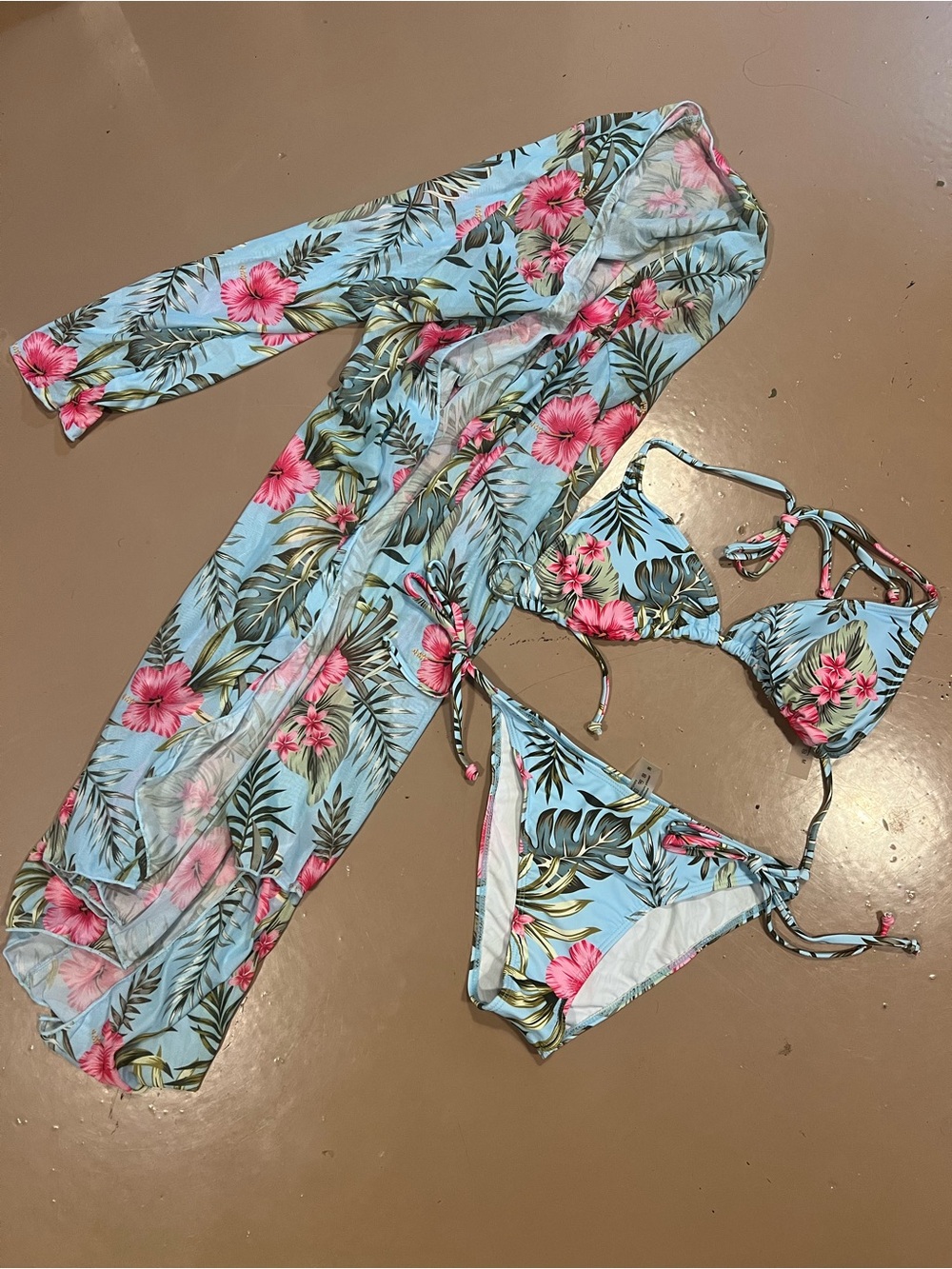 Blue Floral Swim Cover and Bikini Set